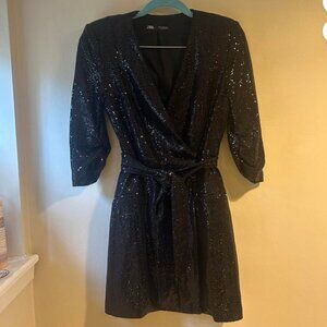 Black sequin v neck blazer mini dress with a tie waist